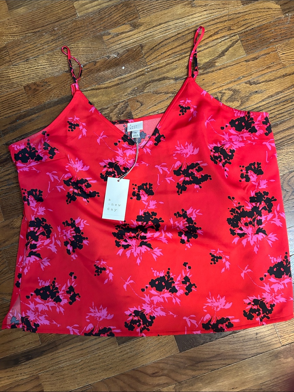 a new day Red Floral Satin Cami with Pink and Black Prints